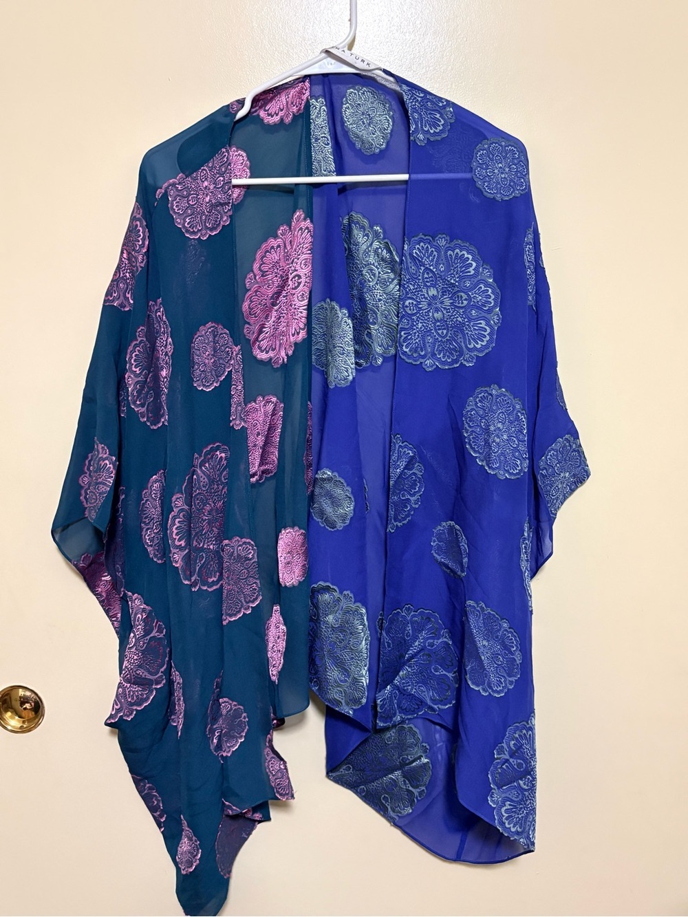 Trina Turk Blue Kimono with Green Medallion Embroidery
